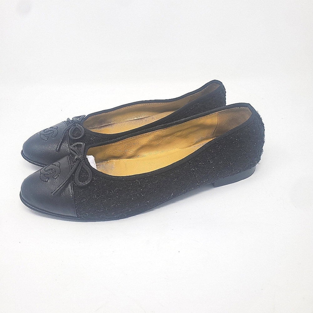 $990 Chanel Cap Toe Black Metallic Tweed Leather Ballerina Flat 40